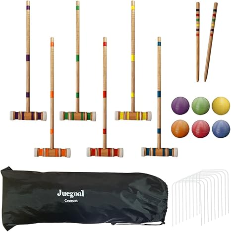 Juegoal Six Player Croquet Set - New, Wooden Mallets, Colored Balls